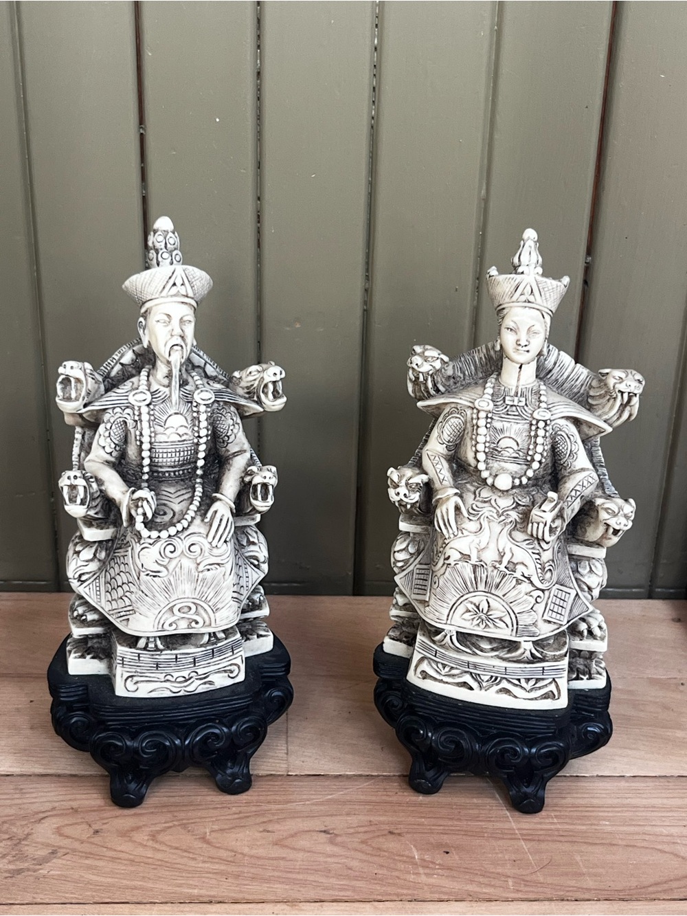 Resin Carved Chinese Emperor Empress 7” Statues Vintage